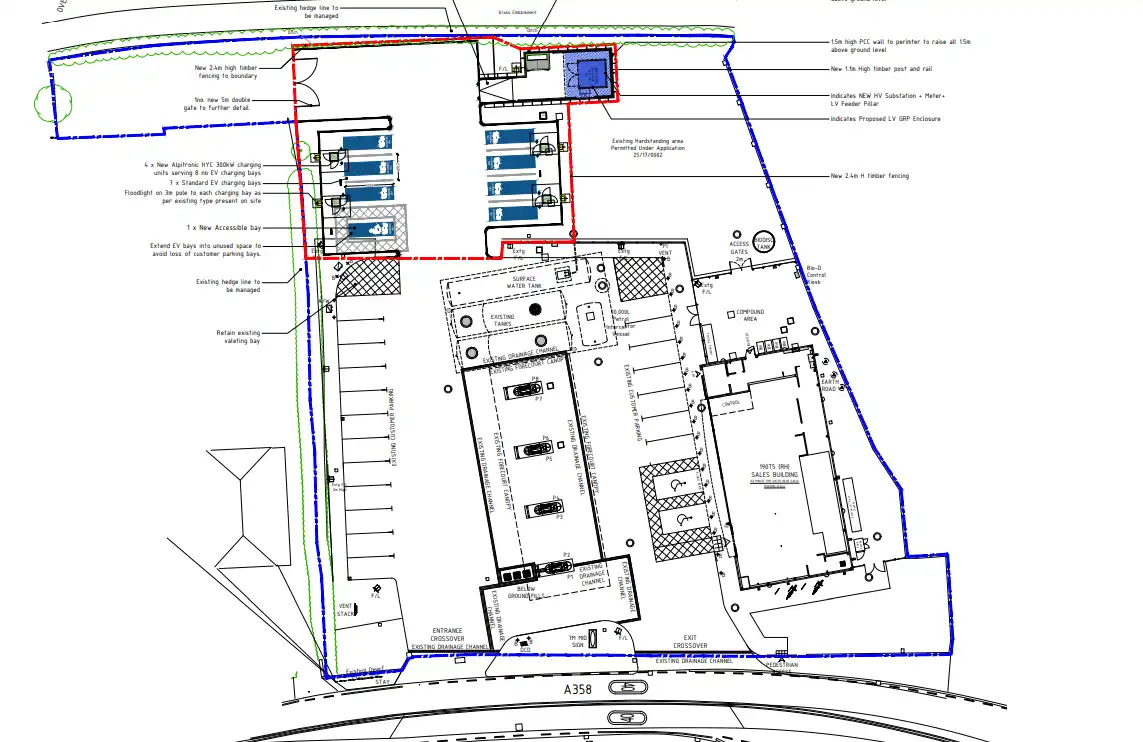 A plan of the proposed layout, including the EV chargers, at the Cross Keys Filling Station. Picture: envev/Somerset Council