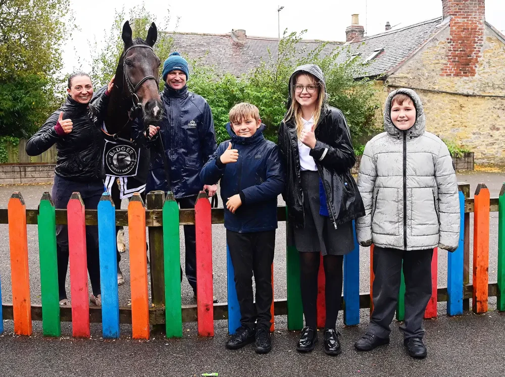 Frodon, Bryony and Rob with Wincanton Primary School pupils during the visit