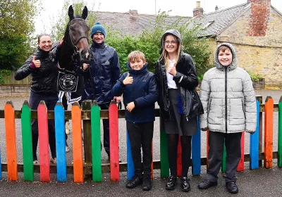 Frodon, Bryony and Rob with Wincanton Primary School pupils during the visit
