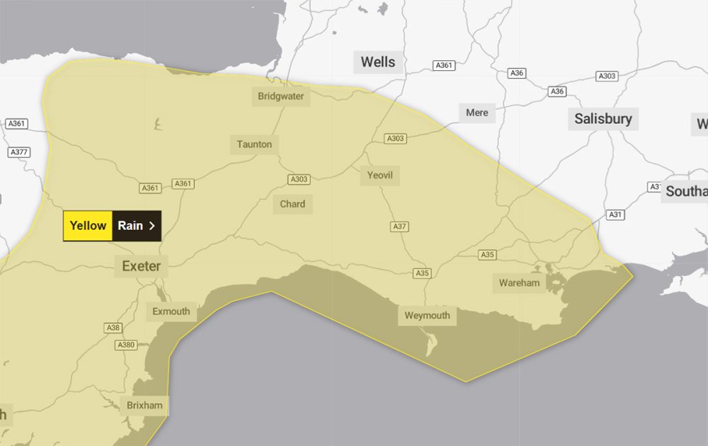 The Met Office weather warning in place on Sunday