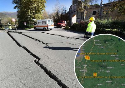 The aftermath of a quake in Italy and, inset, recent tremors in Somerset