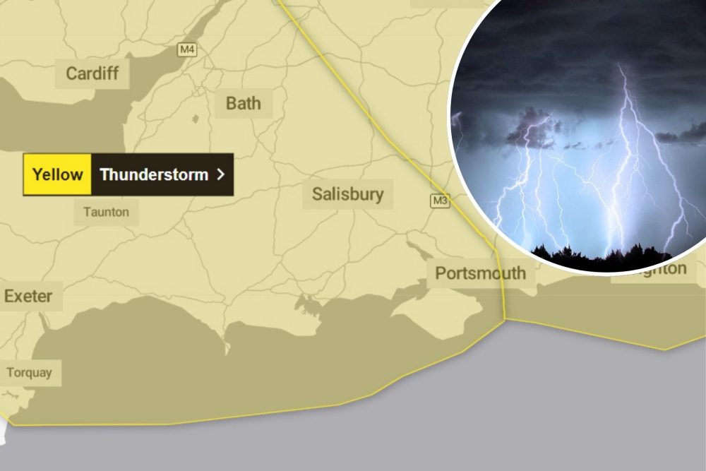 The thunderstorm warning covers much of Somerset, Dorset and Wiltshire. Picture: Met Office