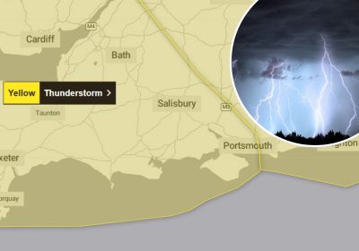 The thunderstorm warning covers much of Somerset, Dorset and Wiltshire. Picture: Met Office