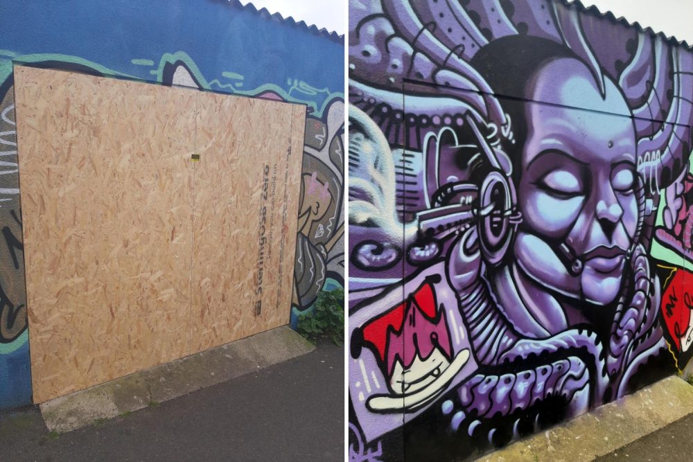 Mural artists in Glastonbury transformed the garage frontage in less than an hour. Pictures: Avon & Somerset Police