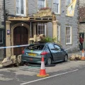 The car crashed into a concrete porch outside the Langport Arms Hotel on Saturday night. Pictures: Somerset Leveller