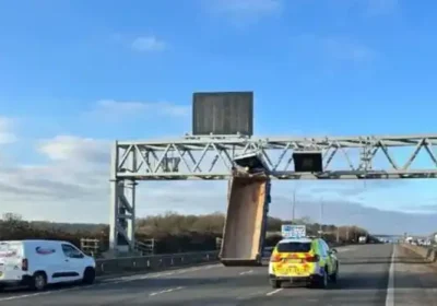 The raised tipper truck bed hit a gantry on the M5. Picture: Avon & Somerset Police