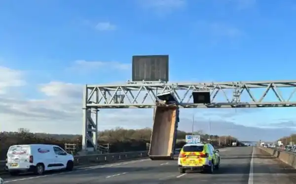 The raised tipper truck bed hit a gantry on the M5. Picture: Avon & Somerset Police