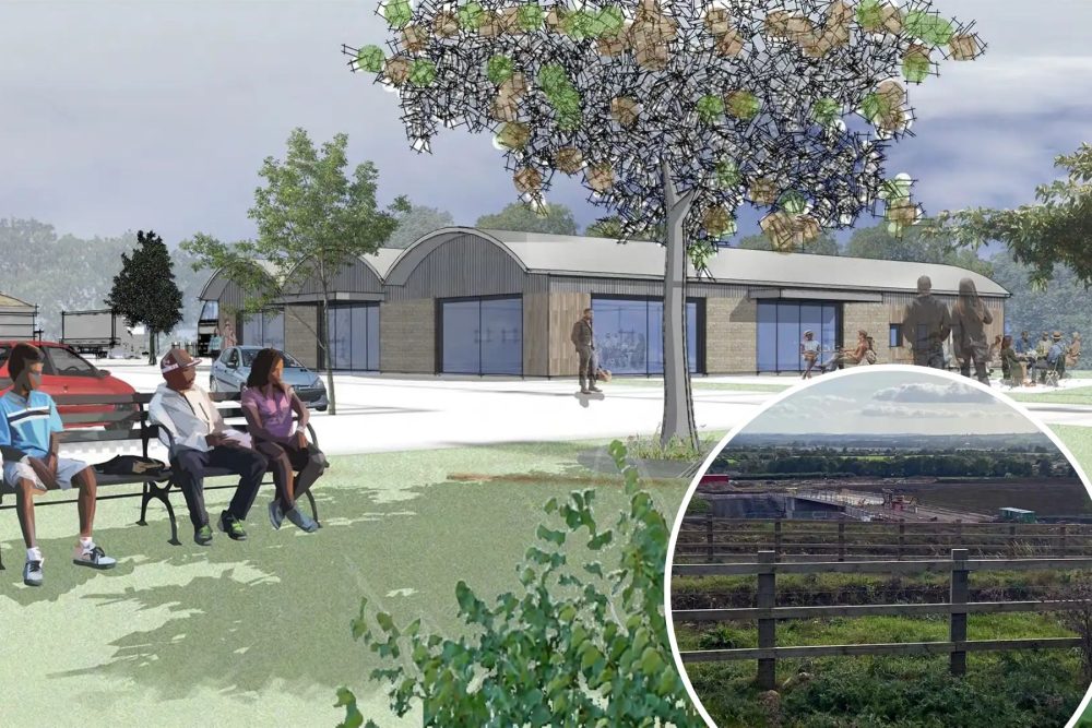 How the new farm shop could look at the proposed services off the A303, inset. Pictures: BPL Architecture/Somerset Council