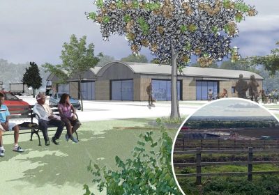 How the new farm shop could look at the proposed services off the A303, inset. Pictures: BPL Architecture/Somerset Council