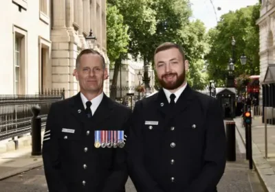 Dog Unit Sergeant Nick Dalrymple and Response Officer PC Mitchell Raymond at 10 Downing Street Picture: Avon and Somerset Police