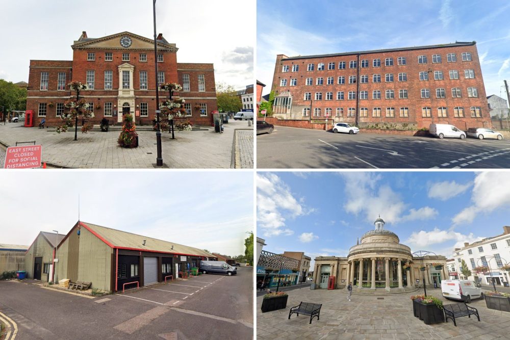 Sites for sale include (clockwise from top left): Market House in Taunton, Boden Mill in Chard, Cornhill in Bridgwater and Yeovil Small Business Centre