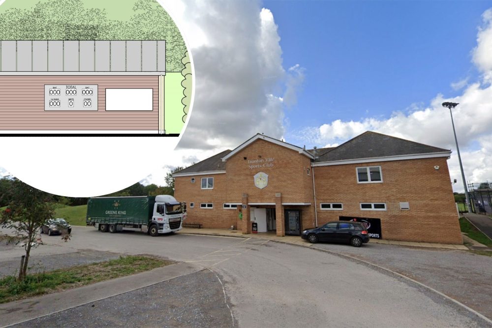 The new scoreboard and storage building would be built at Taunton Vale Sports Club in Gipsy Lane. Pictures: Google/Trevor J Spurway/Somerset Council