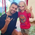 Wolfie Jones with Arlo Parks drummer and musical director, James Fernandez in the Kidzfield at the Glastonbury Festival