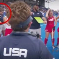 Maddie Hinch, circled, during the USA match against Team GB in Paris. Picture: BBC