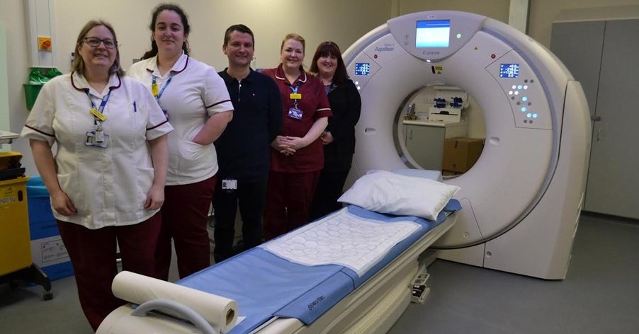 Ella Wootten and Dina Rocha – senior radiographers, Tiago Moura – interim CT lead radiographer at Yeovil Hospital, Jo Walton – healthcare assistant, Katie Howells – interim site lead for radiology at Yeovil Hospital Picture: Yeovil Hospital