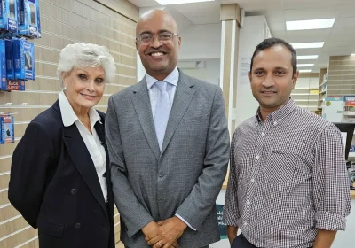 Angela Rippon, Paul Rees and Ramesh Yadav at the new Glastonbury Pharmacy for a BBC One Show report