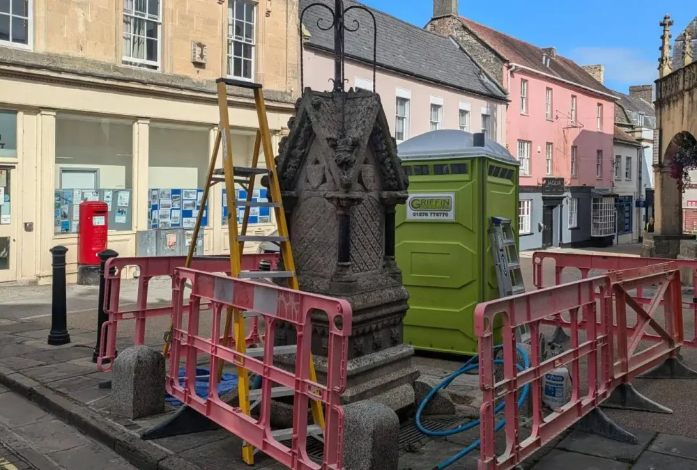 Work is underway to restore the drinking fountain in Market Place, Shepton Mallet. Picture: SMTC