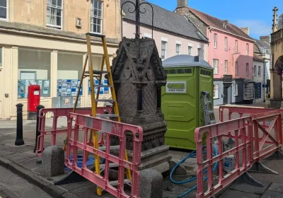 Work is underway to restore the drinking fountain in Market Place, Shepton Mallet. Picture: SMTC