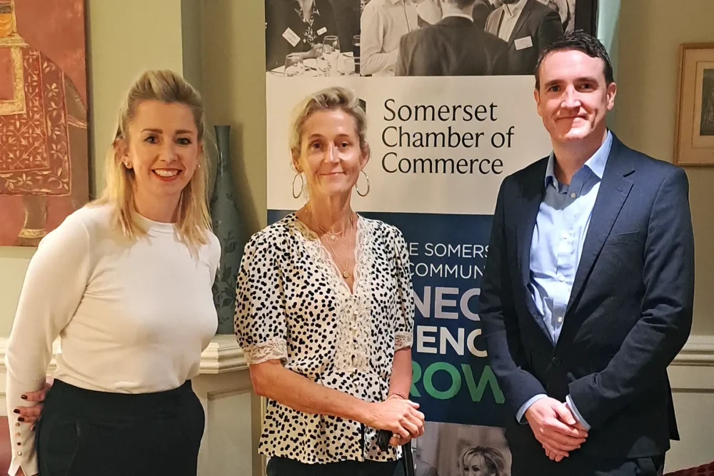 Baroness Lane-Fox, centre, with Somerset Chamber of Commerce MD, David Crew, right, and board of directors chair, Emma Warren