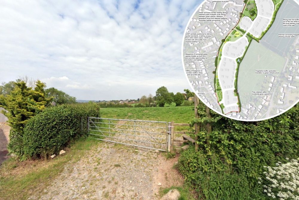 A total of 125 homes could be built on the green space off Comeytrowe Road, in Taunton. Pictures: Google/FPCR/Somerset Council