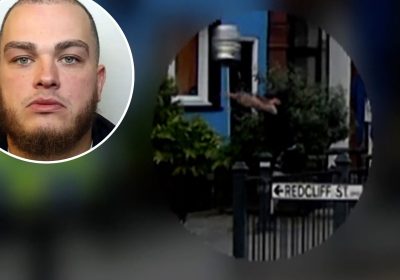 Jack Nichols, 33, of Wells, was caught on camera throwing items including a beer keg. Pictures: Avon & Somerset Police