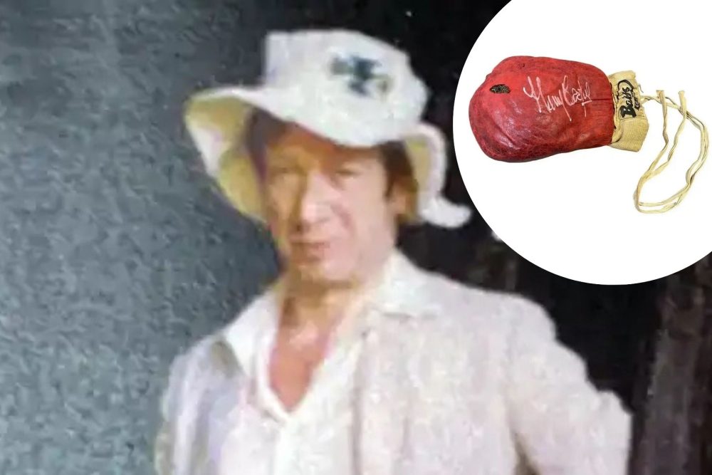 Paul Gillett pictured during his time working for Pittards of Yeovil and inset, the glove from the Ali v Cooper fight he says is the real deal