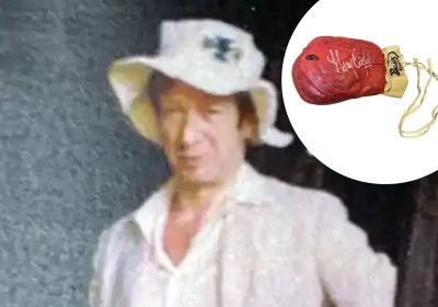 Paul Gillett pictured during his time working for Pittards of Yeovil and inset, the glove from the Ali v Cooper fight he says is the real deal