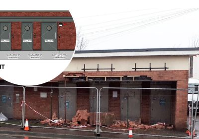 The toilet block was demolished after being damaged in a crash in 2022. Pictures: Ravenslade/Somerset Council