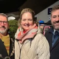 From left: Mayor Martyn Plant, Anna Sabine MP, and BANES leader Kevin Guy at the Midsomer Norton lights switch-on