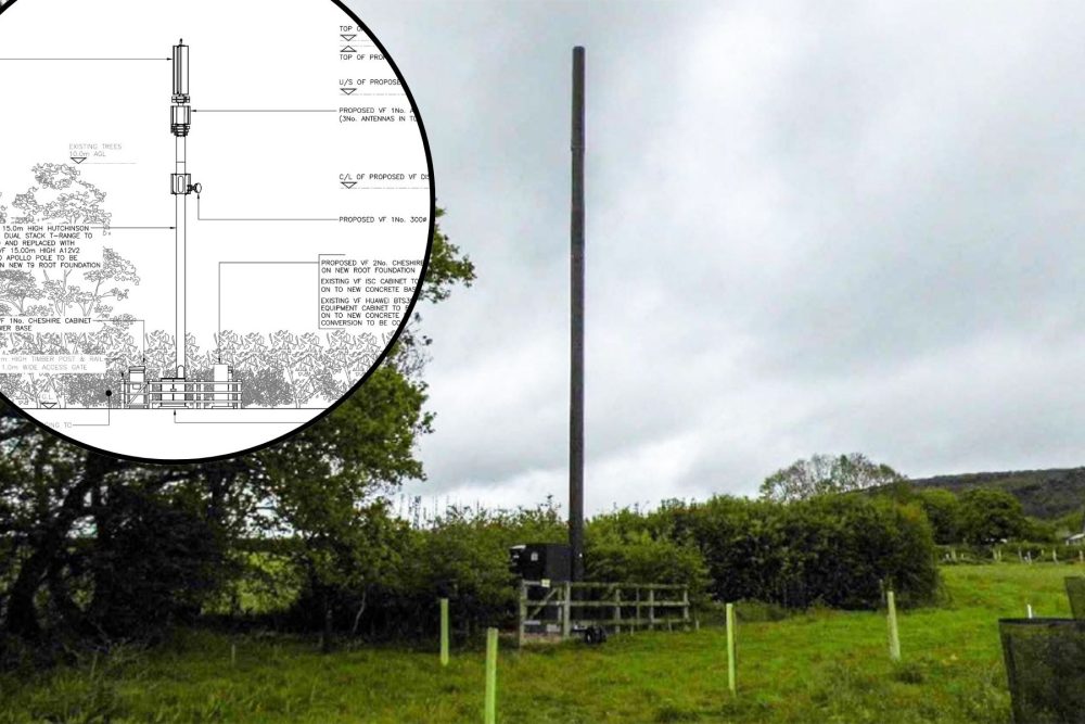 A new, 5G mast is planned in West Bagborough. Pictures: Cornerstone/Somerset Council