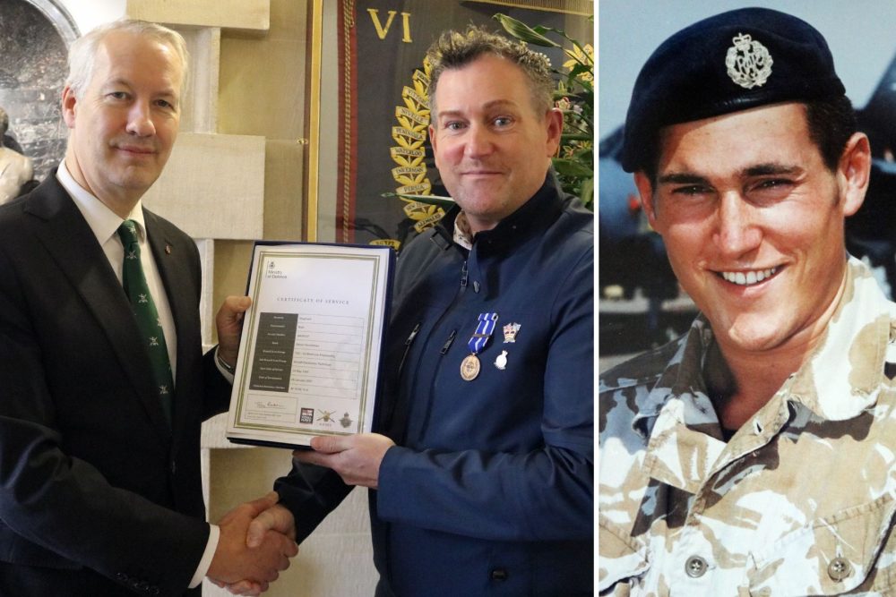 Mark Shephard with MP Gideon Amos, left, and right, during his time with the RAF