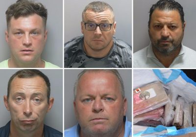 Gang members jailed included, clockwise from top left; Ricky Lane, Peter Morrison, David Brennan, Anthony Kelleher and Ryan Lafferty, along with some of the cocaine seized by police. Pictures: SOCU/Hampshire Police