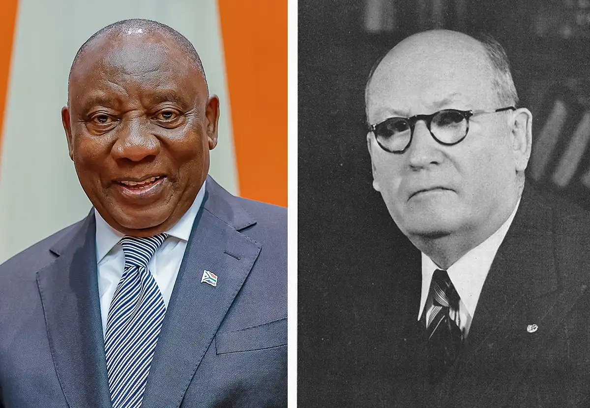 Very different South African presidents Cyril Ramaphosa, left, and DF Malan, right
