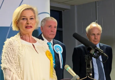 Rachel Gilmour (Lib Dem, Tiverton & Minehead) after her victory at the general election in July 2024, where she defeated Ian Liddell-Grainger, right. Picture: Somerset Leveller