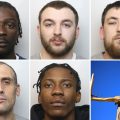 The five jailed were, clockwise from top left; Stephen Adetoyi, Jake Edmunds, Jack Roche, Gerard Mulimbi, and Jonathan Turford. Pictures: Wiltshire Police