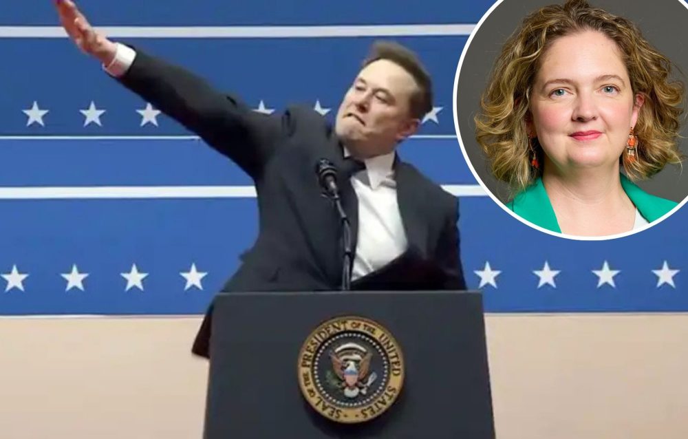Elon Musk appeared to throw a Nazi salute during a speech, which has been slammed by Somerset Anna Sabine, inset