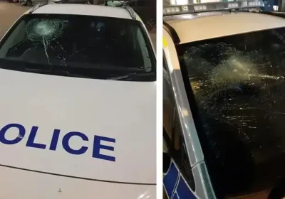 Three police cars were damaged while parked in Manvers Street, Bath. Pictures: Avon & Somerset Police