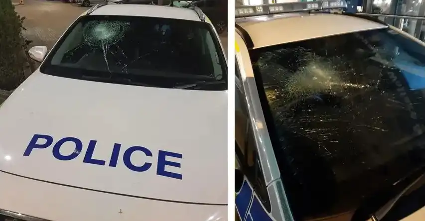 Three police cars were damaged while parked in Manvers Street, Bath. Pictures: Avon & Somerset Police