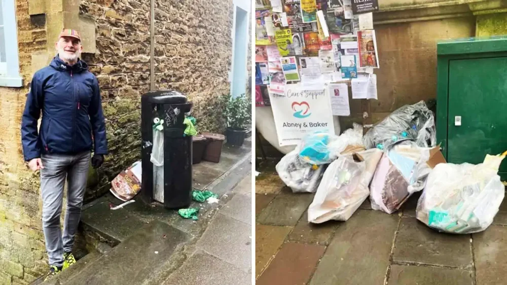 Frome Town Councillor Nick Dove with overflowing bins in the town. Picture: FTC