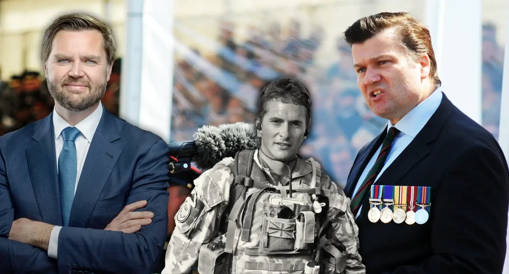 JD Vance, left, has been criticised by Johnny Mercer, centre, and James Heappey, right