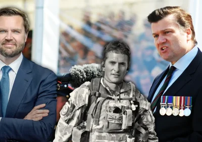 JD Vance, left, has been criticised by Johnny Mercer, centre, and James Heappey, right