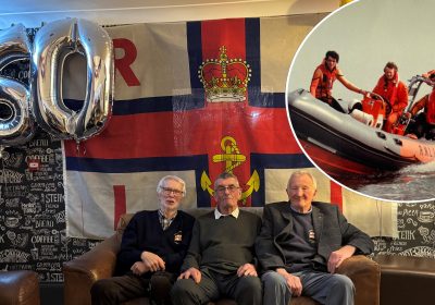 Richard Spindler with old friends and RNLI Weston crew mates Julian Morris and Anthony Blizzard Picture: RNLI/Holly Turner