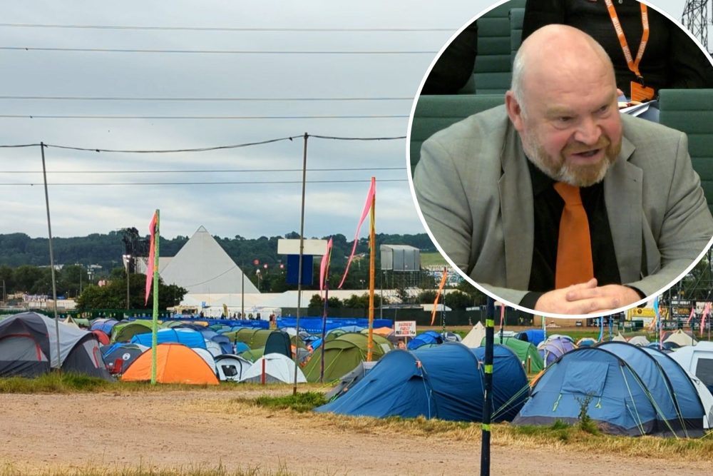 Somerset Council leader Bill Revans, inset, jokingly suggested a 'tourist tax' on Glastonbury tents. Pictures: Paul Jones/Leveller/Parliament TV