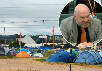 Somerset Council leader Bill Revans, inset, jokingly suggested a 'tourist tax' on Glastonbury tents. Pictures: Paul Jones/Leveller/Parliament TV