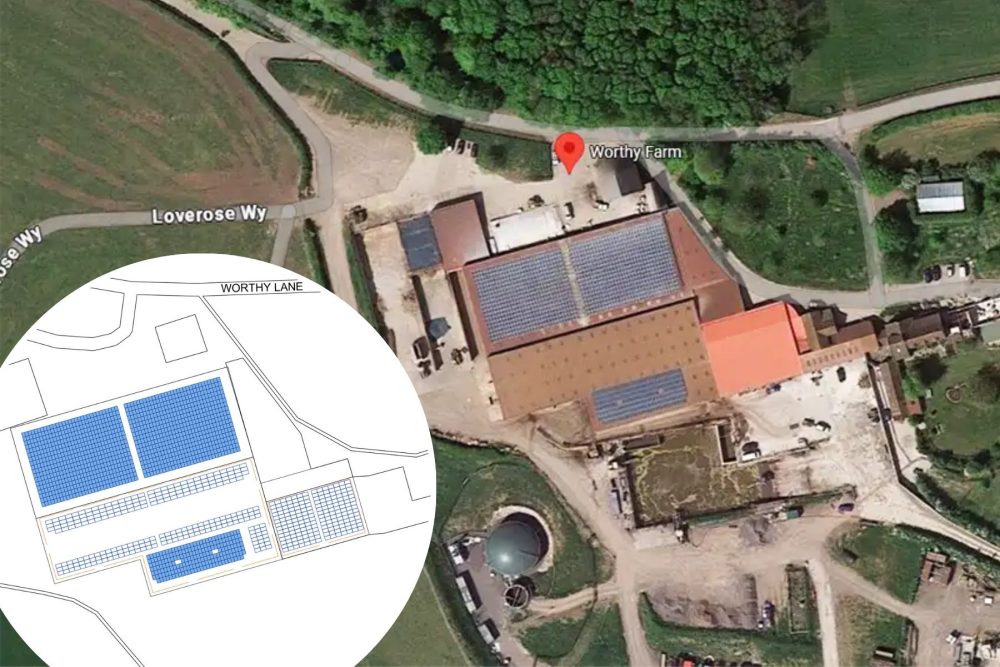The current roof and, inset, proposed layout of the new panels. Pictures: Google/Solarsense/Somerset Council