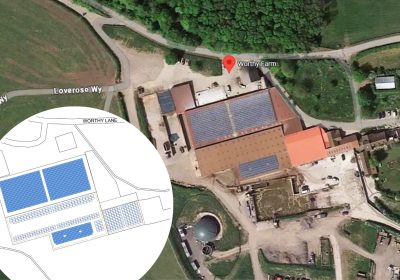 The current roof and, inset, proposed layout of the new panels. Pictures: Google/Solarsense/Somerset Council