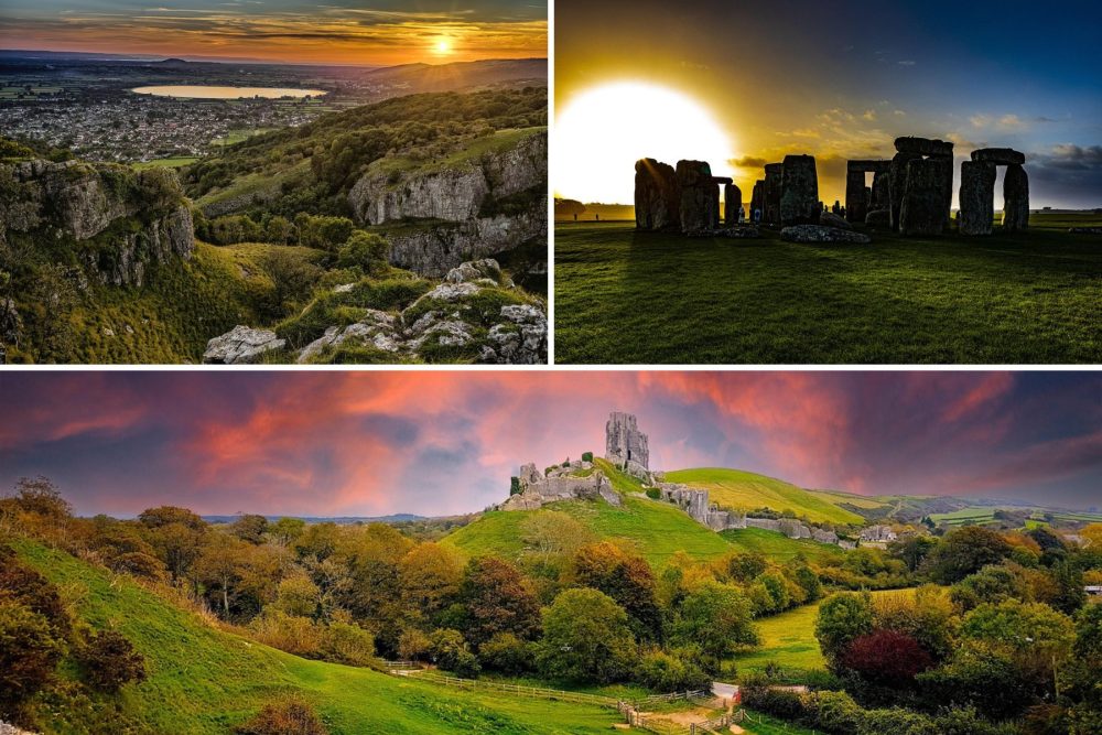 Cheddar Gorge (Somerset), Stonehenge (Wiltshire) and Corfe Castle (Dorset) make the list for stunning sunsets