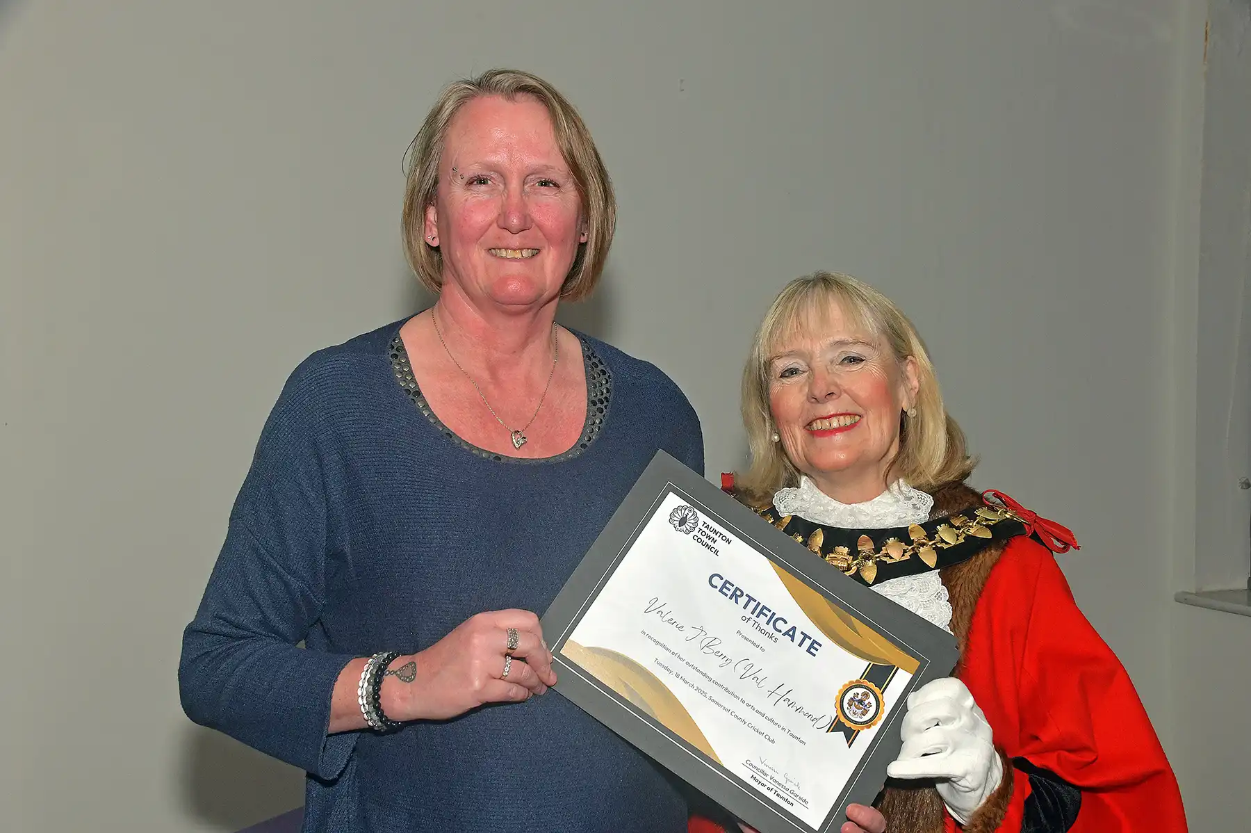 Taunton Brewhouse executive director Vickie Robbis collected the Civic Award on Val's behalf from Mayor of Taunton, Cllr Vanessa Garside