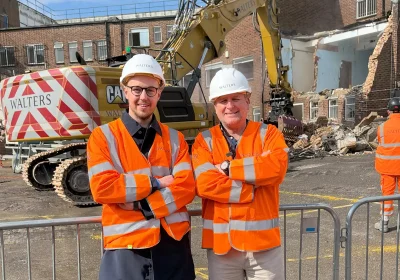 Yeovil MP Adam Dance, left, and Cllr Mike Rigby at the Glovers Walk demolition. Picture: Somerset Council