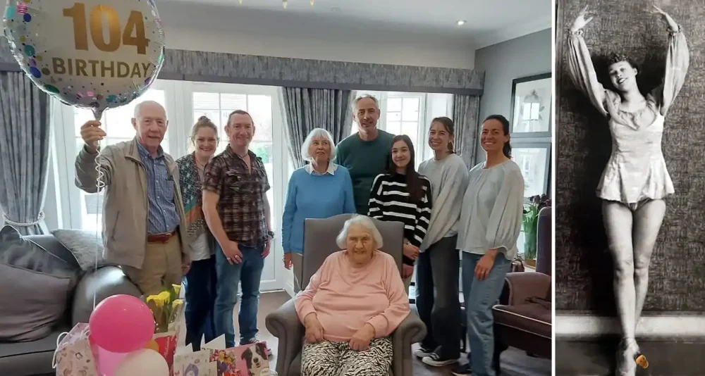 Emma Pyecroft enjoying her 104th birthday celebrations and right, as a young ballet dancer